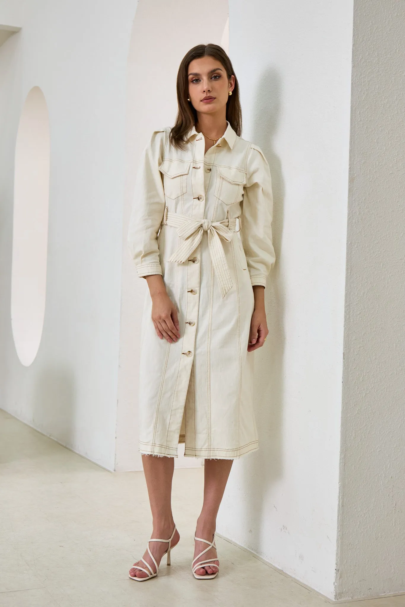 Cleo Cream Button Down Belted Midi Dress