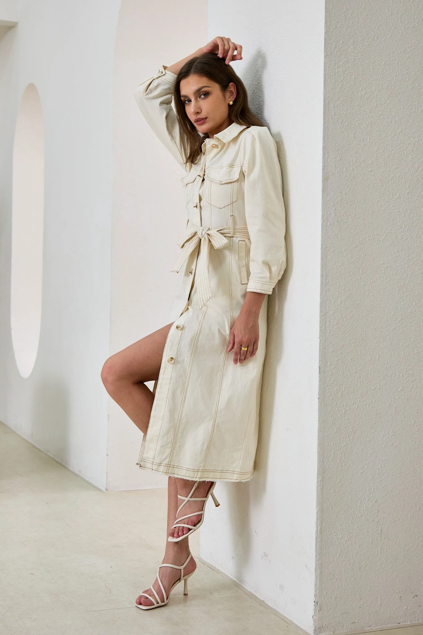 Cleo Cream Button Down Belted Midi Dress