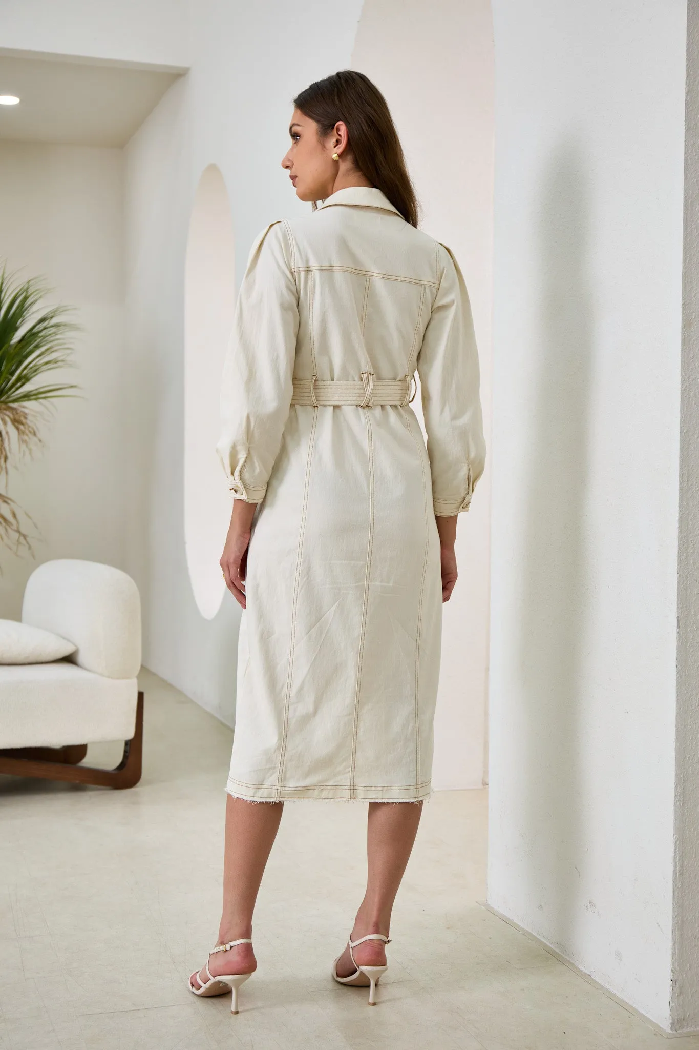 Cleo Cream Button Down Belted Midi Dress