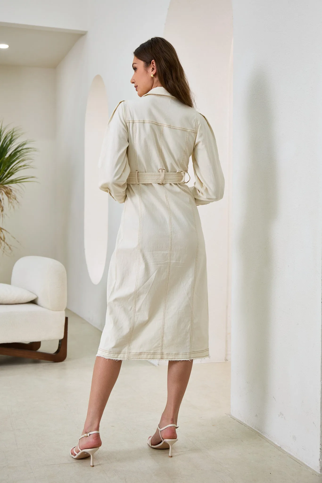 Cleo Cream Button Down Belted Midi Dress