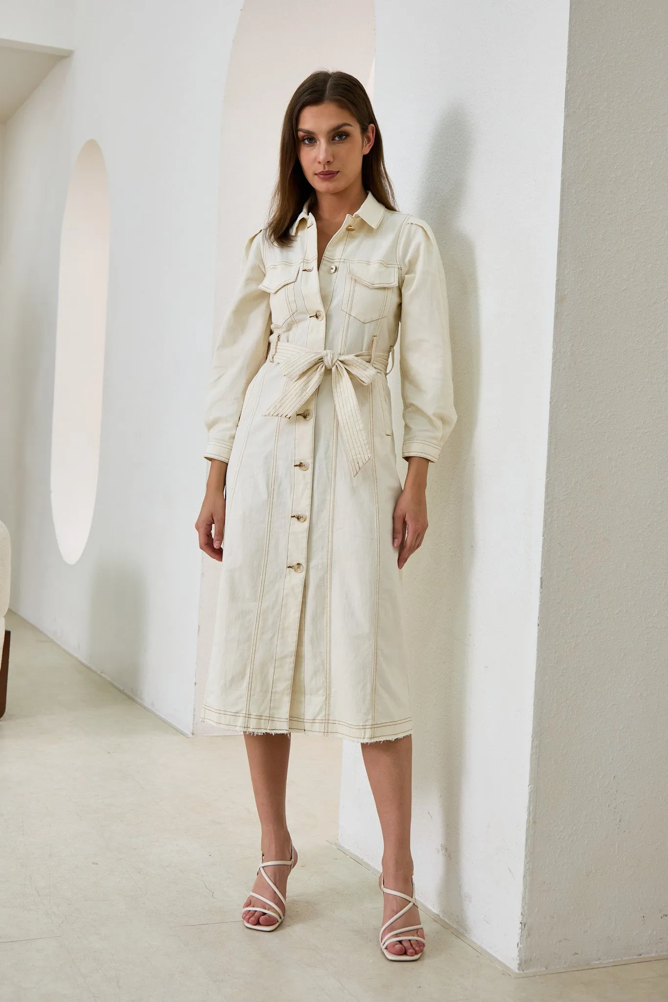 Cleo Cream Button Down Belted Midi Dress