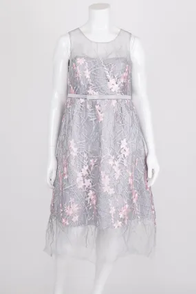 Collection E By Elena Wang Grey And Pink Embroidered Midi Dress L