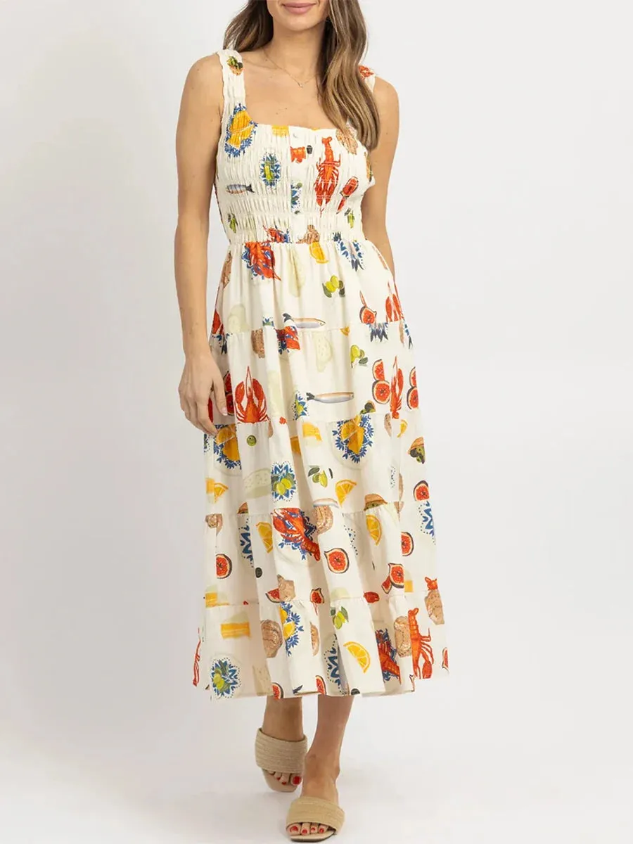 Colorful Seafood Print Midi Dress for Women