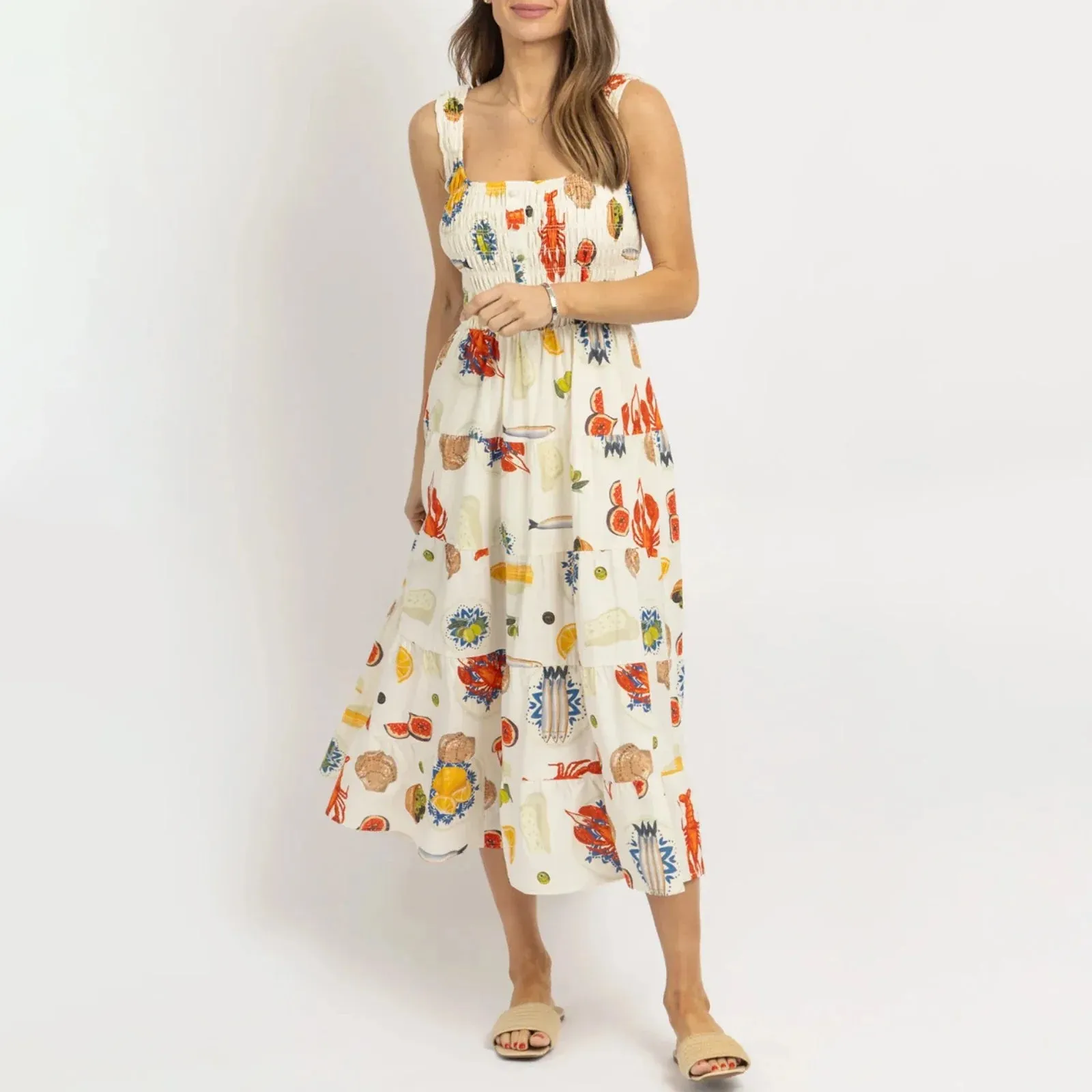 Colorful Seafood Print Midi Dress for Women