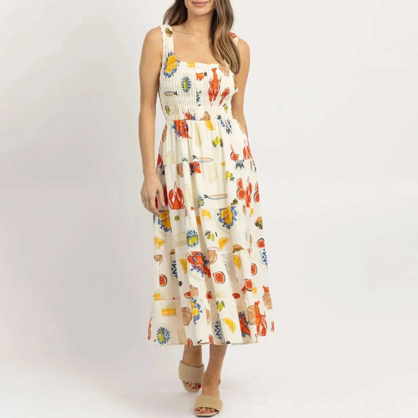 Colorful Seafood Print Midi Dress for Women