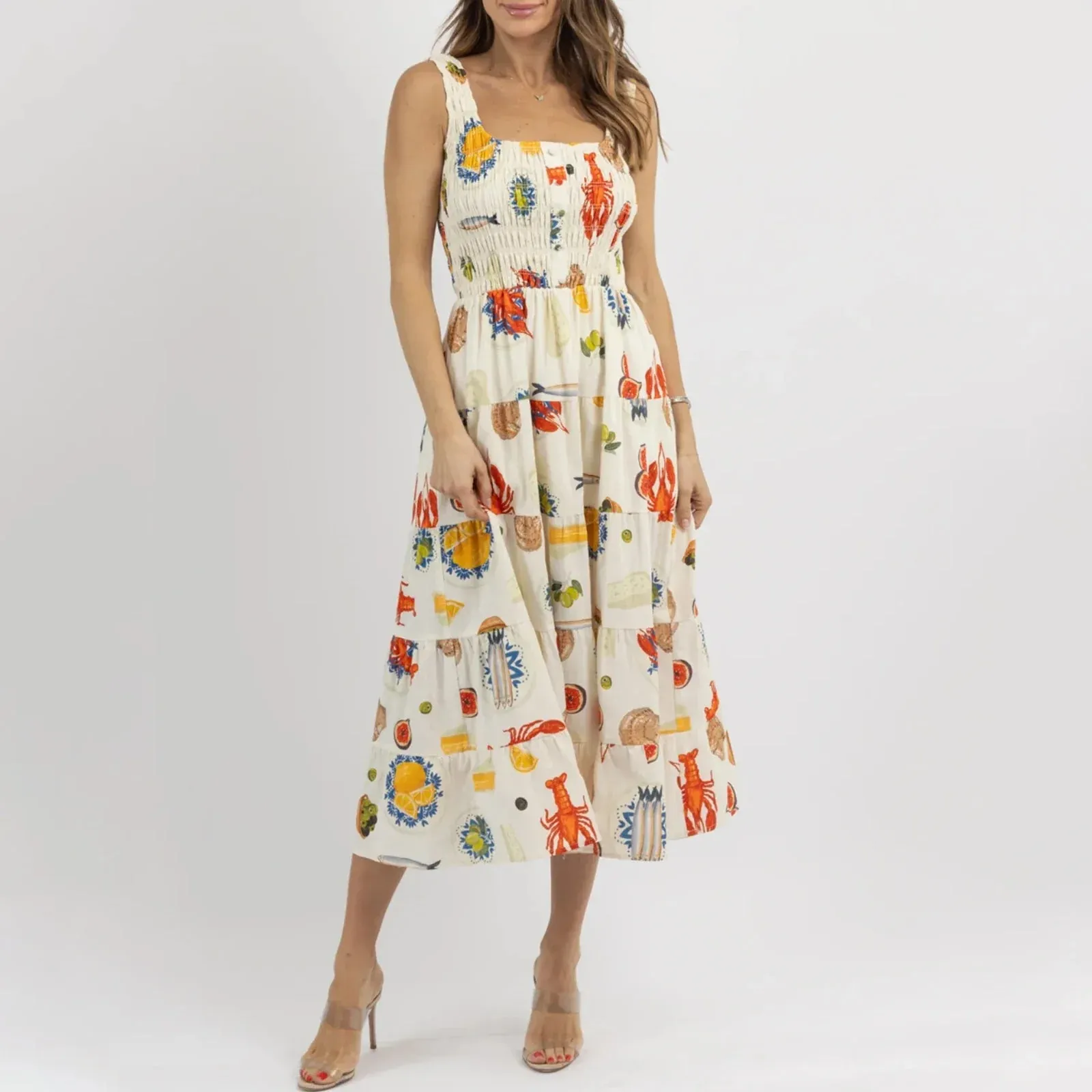 Colorful Seafood Print Midi Dress for Women