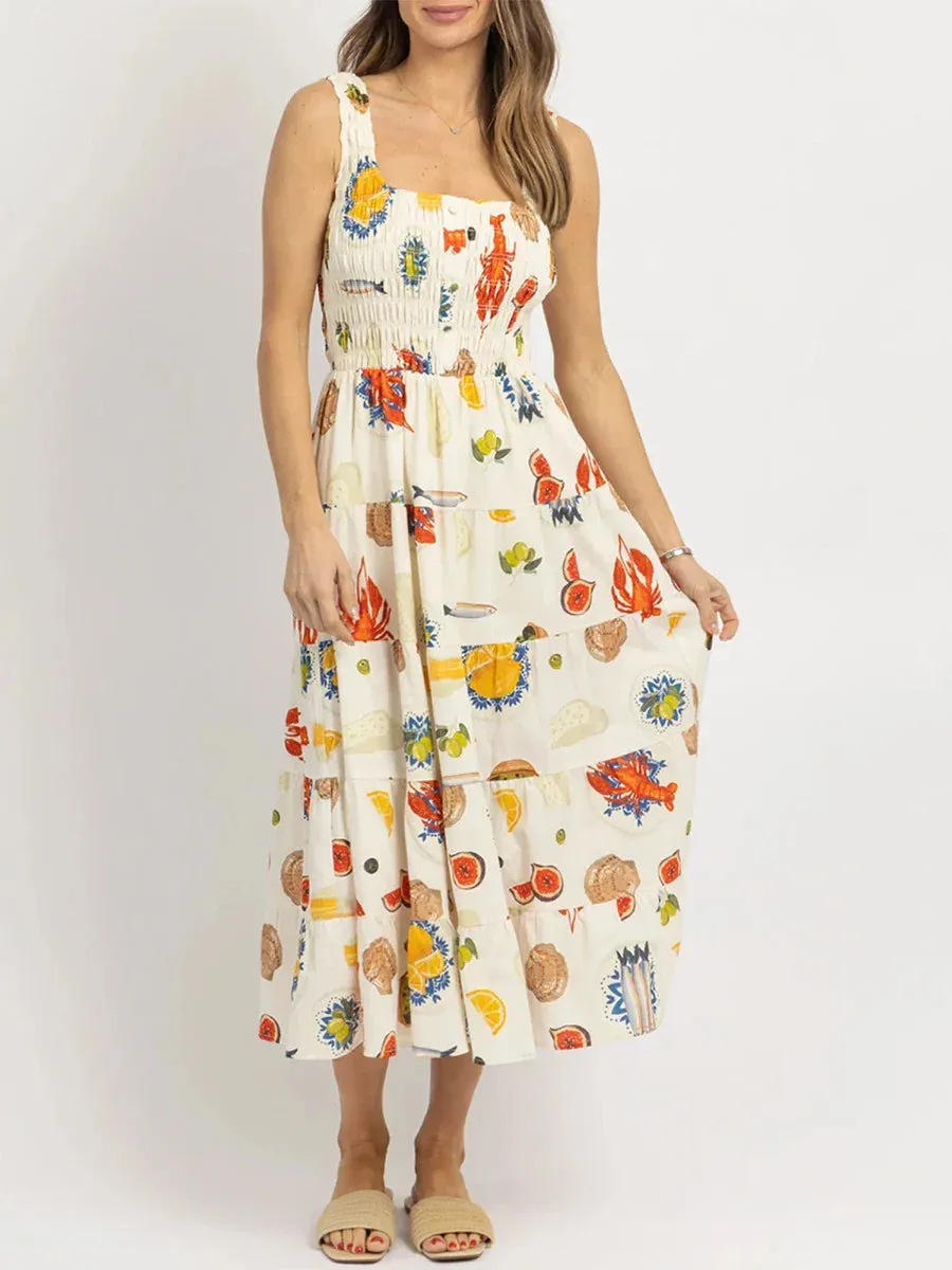 Colorful Seafood Print Midi Dress for Women