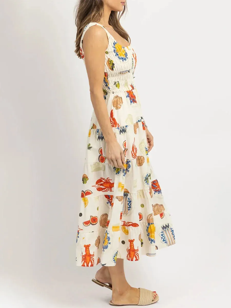 Colorful Seafood Print Midi Dress for Women