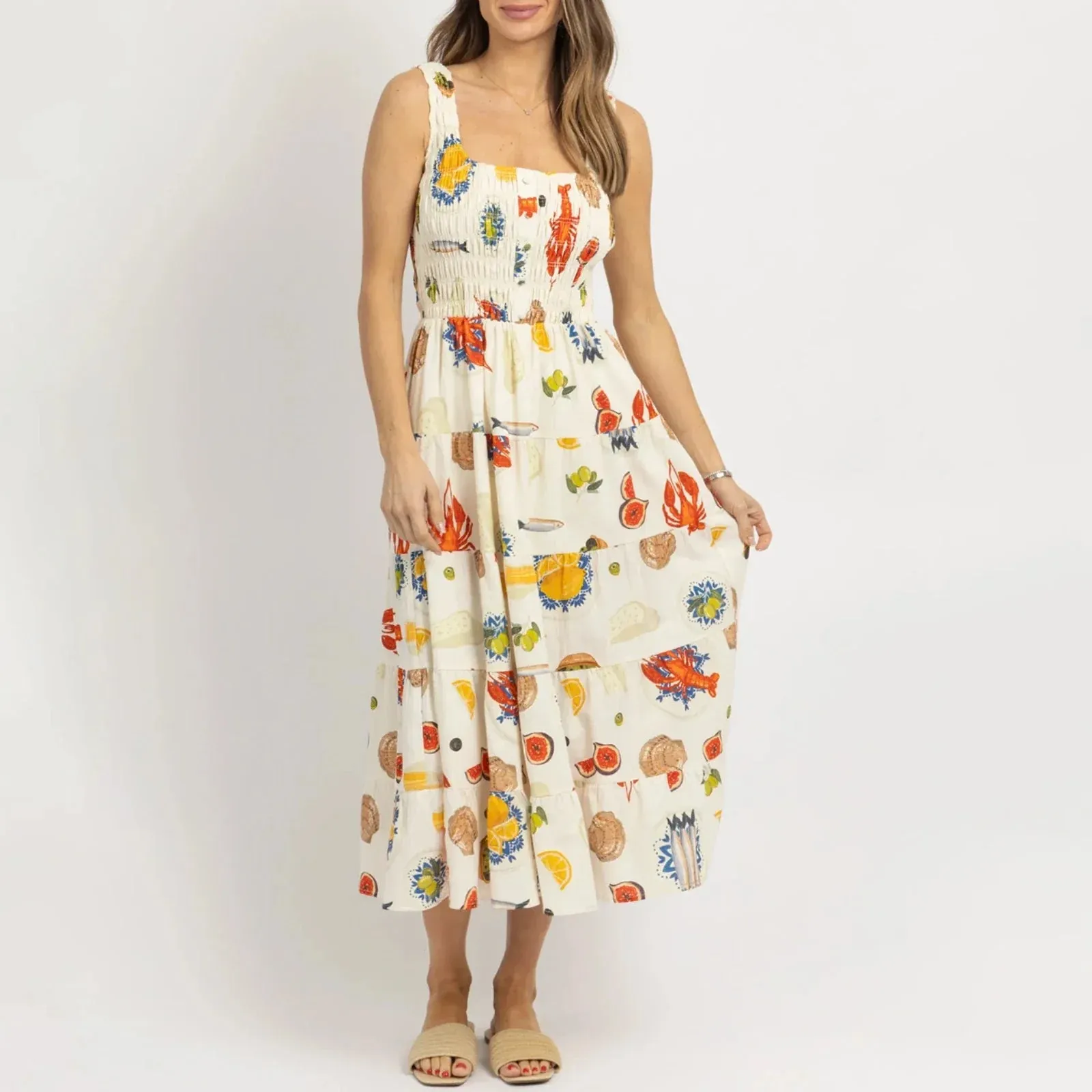 Colorful Seafood Print Midi Dress for Women