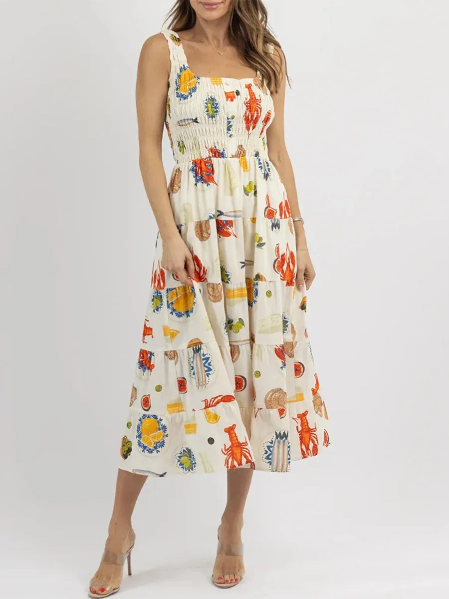 Colorful Seafood Print Midi Dress for Women
