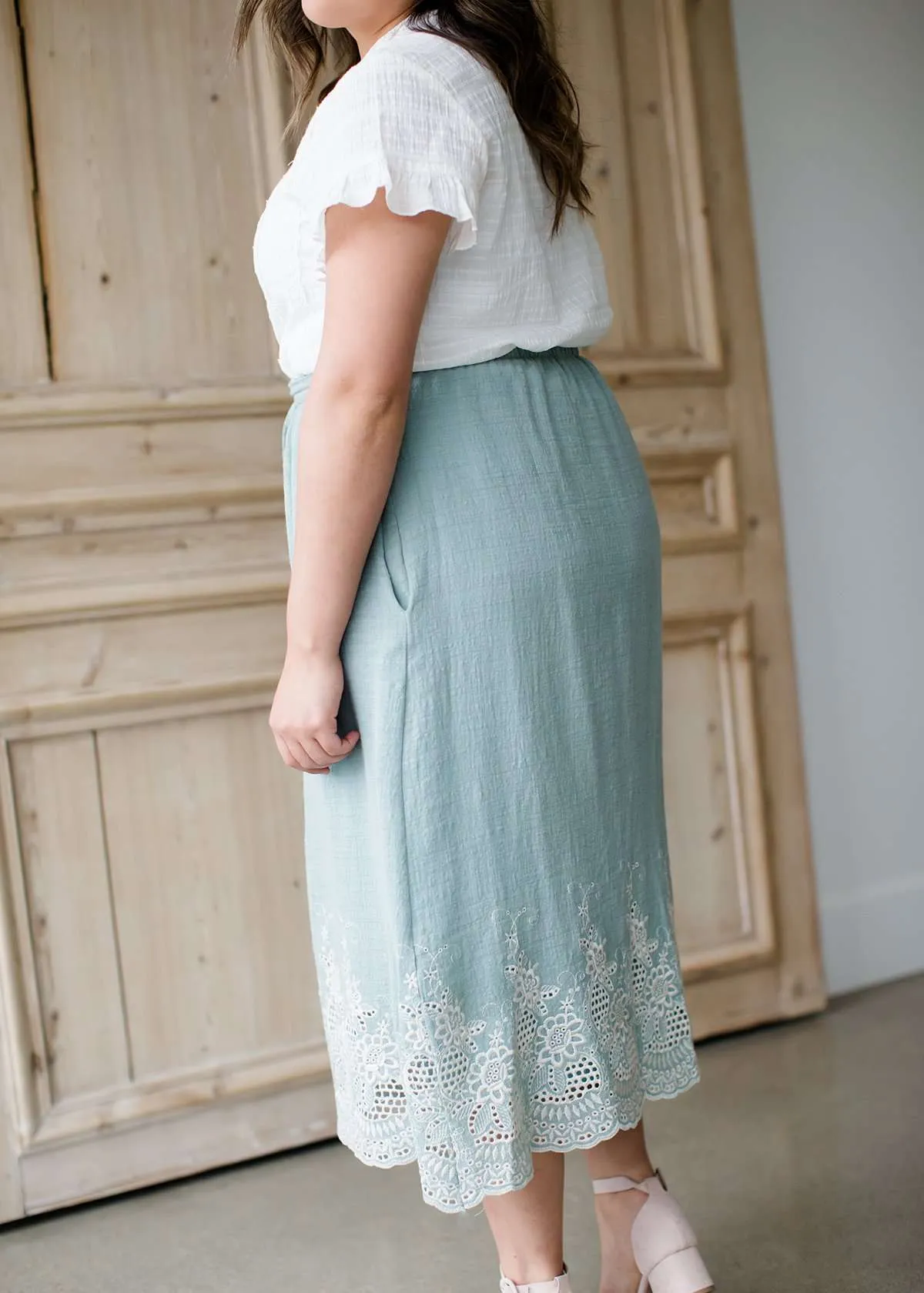 Cotton Embroidered Hem Midi Skirt-FINAL SALE