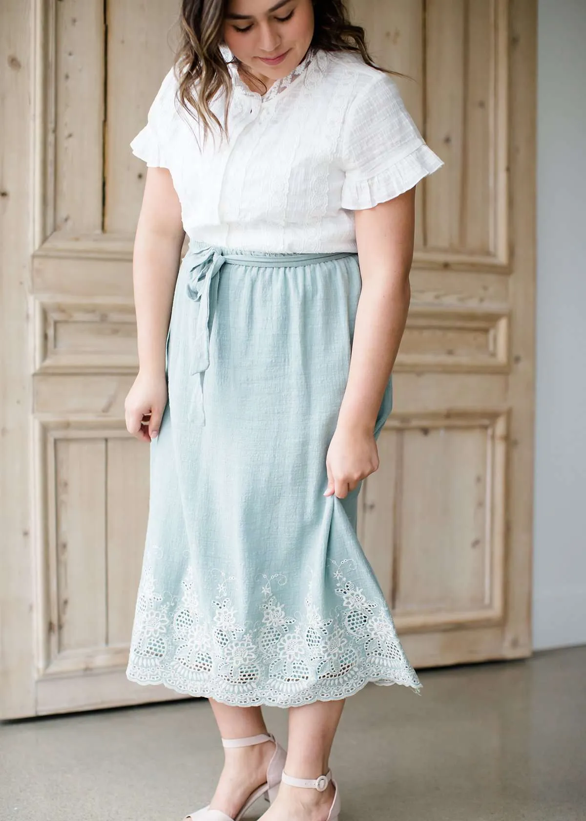 Cotton Embroidered Hem Midi Skirt-FINAL SALE