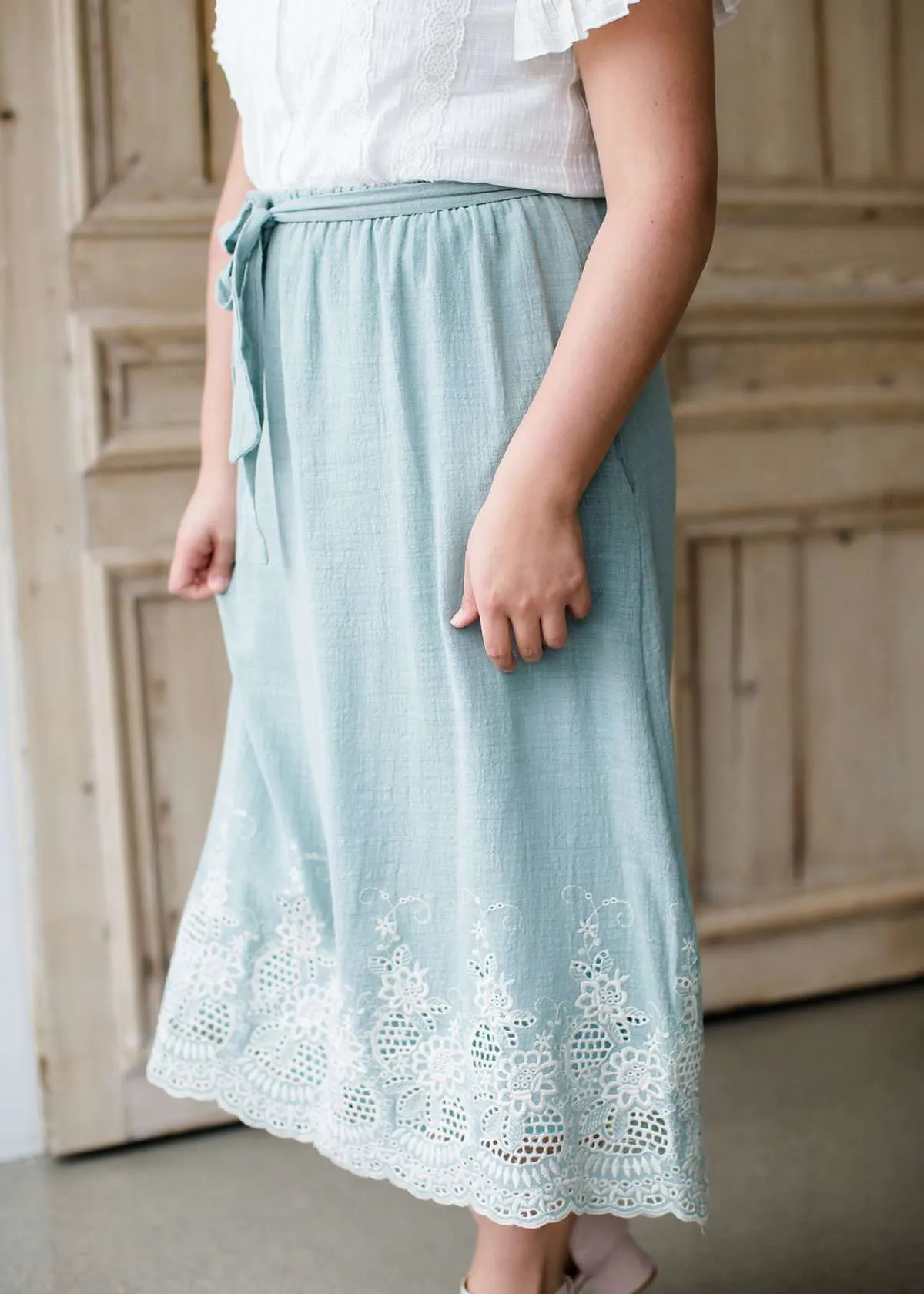 Cotton Embroidered Hem Midi Skirt-FINAL SALE