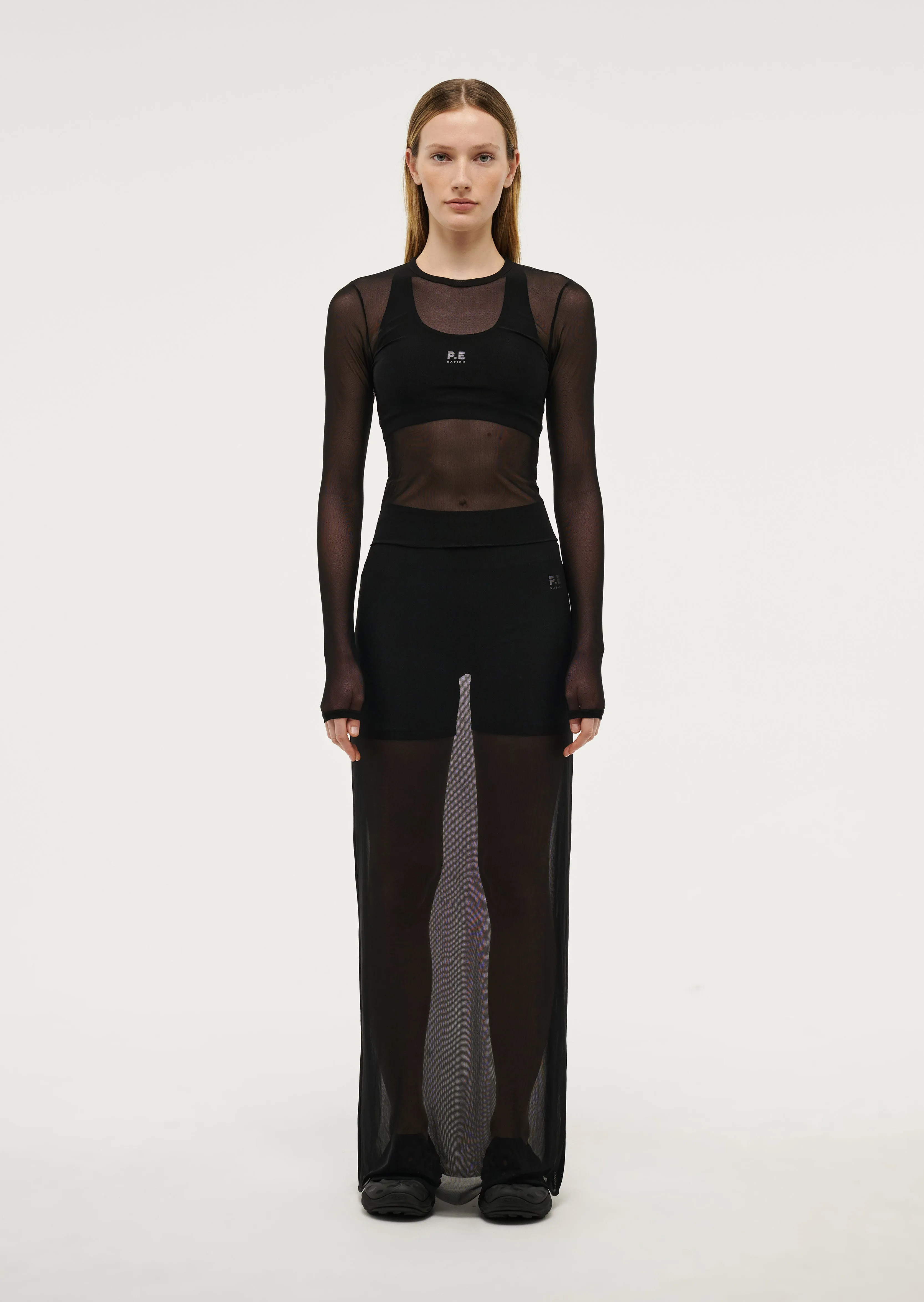 DISCOVERY MESH MIDI SKIRT IN BLACK