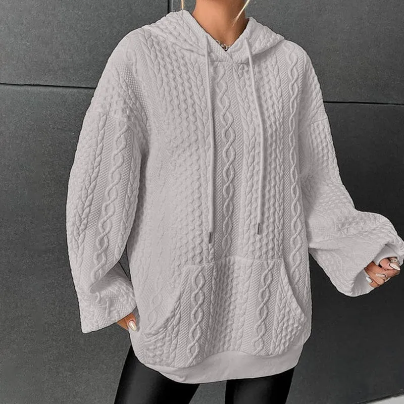 Drop Shoulder Kangaroo Pocket Textured Drawstring Hoodie