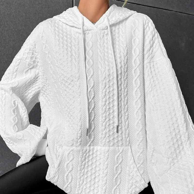 Drop Shoulder Kangaroo Pocket Textured Drawstring Hoodie