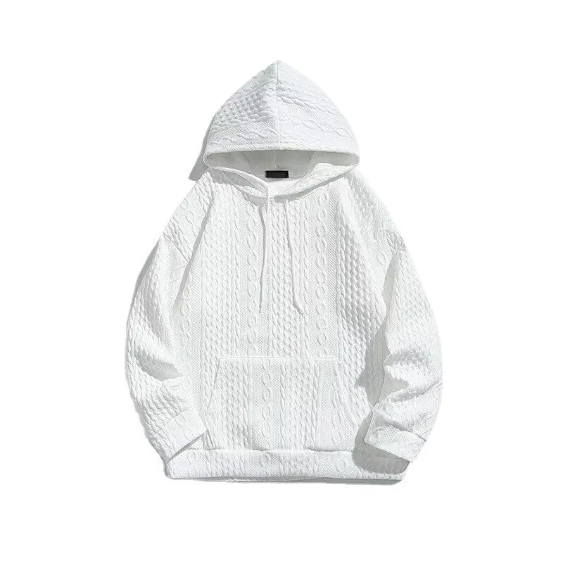 Drop Shoulder Kangaroo Pocket Textured Drawstring Hoodie