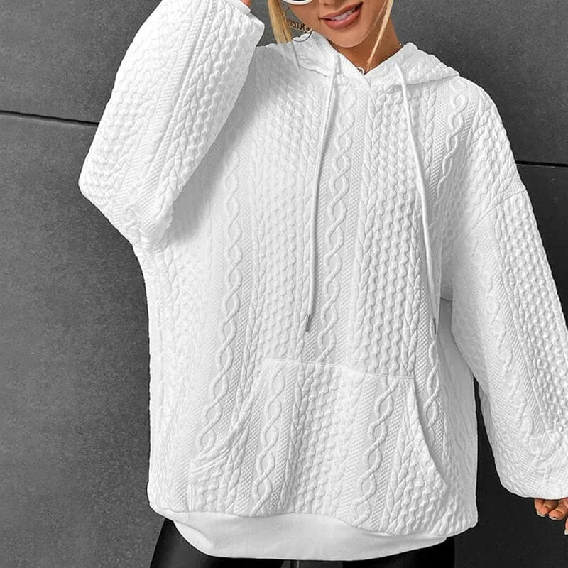 Drop Shoulder Kangaroo Pocket Textured Drawstring Hoodie