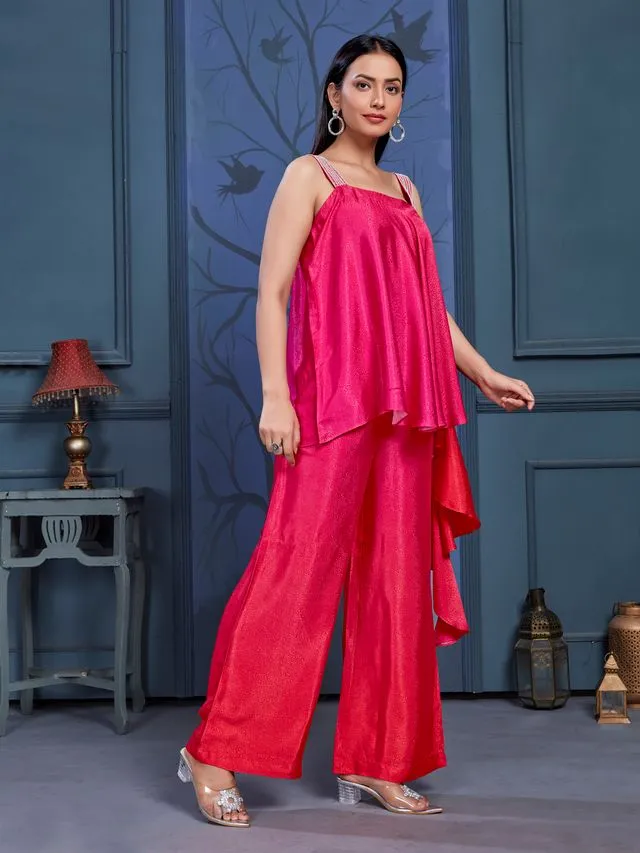 elegant ombre asymmetric embellished sleeveless flare top with comfortable flare pants set in pure viscose jacquard - Pink