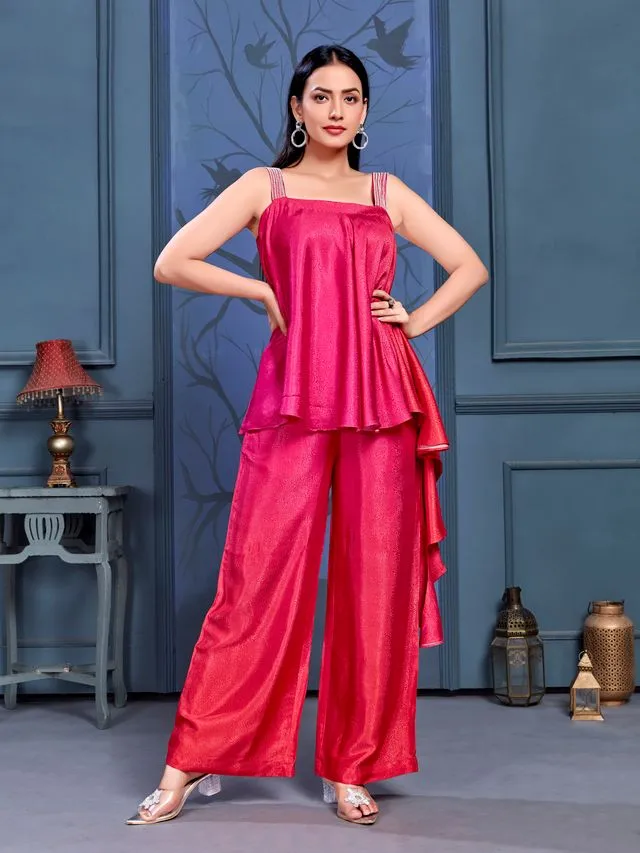 elegant ombre asymmetric embellished sleeveless flare top with comfortable flare pants set in pure viscose jacquard - Pink