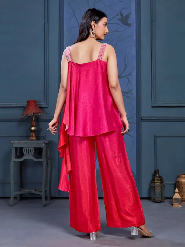 elegant ombre asymmetric embellished sleeveless flare top with comfortable flare pants set in pure viscose jacquard - Pink