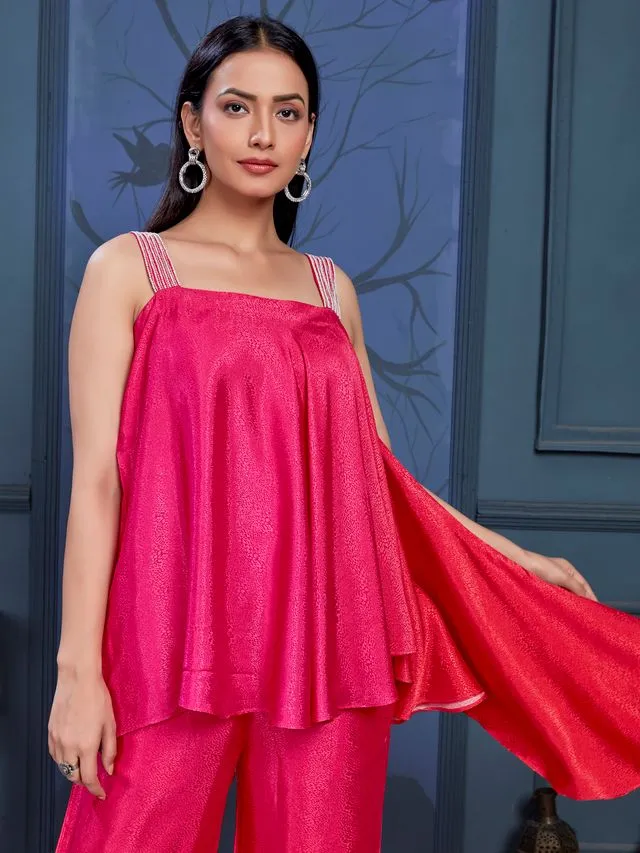 elegant ombre asymmetric embellished sleeveless flare top with comfortable flare pants set in pure viscose jacquard - Pink