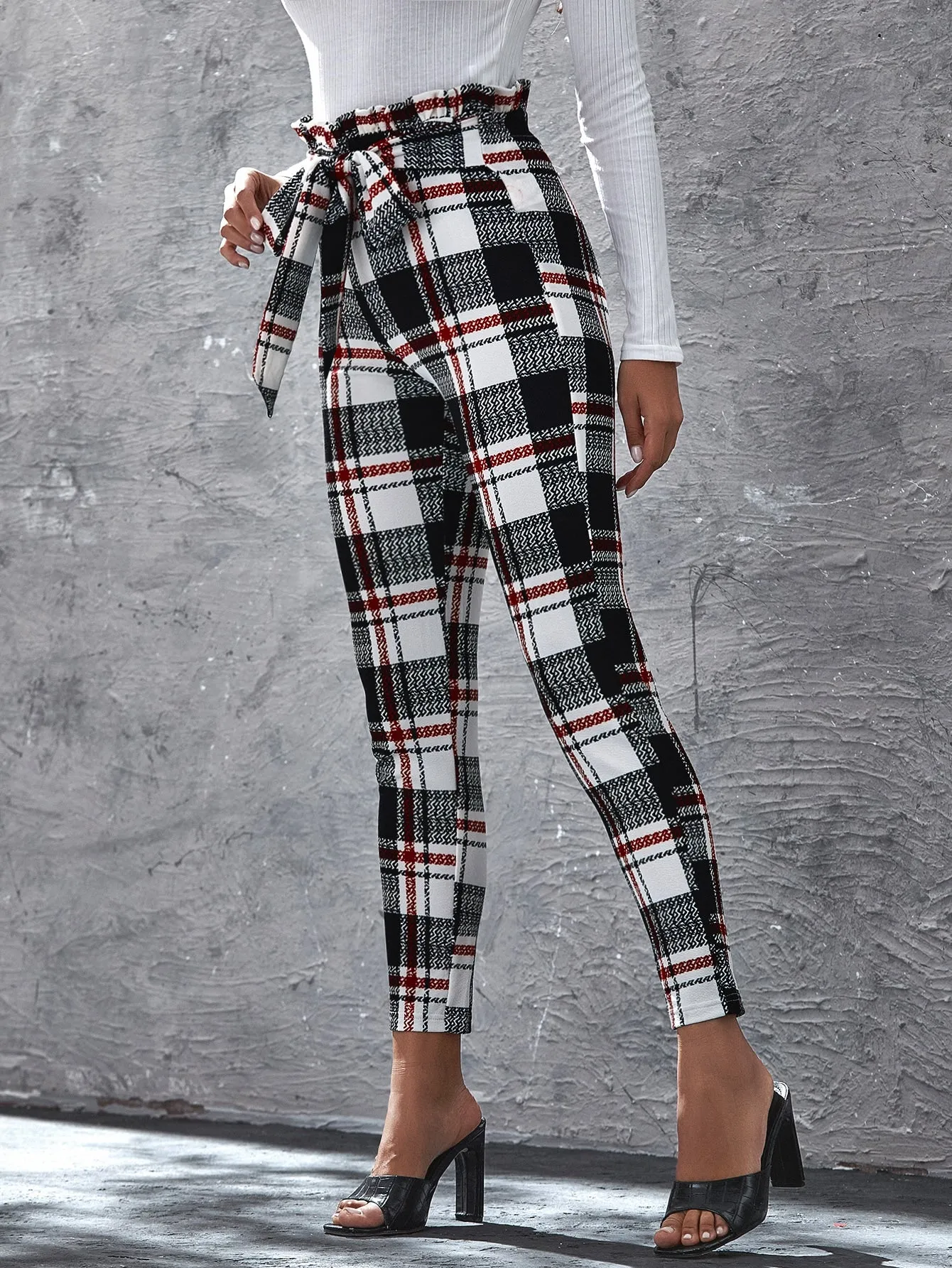 Elegant Plaid Paper Bag Waist High Waist Cropped Women Pants