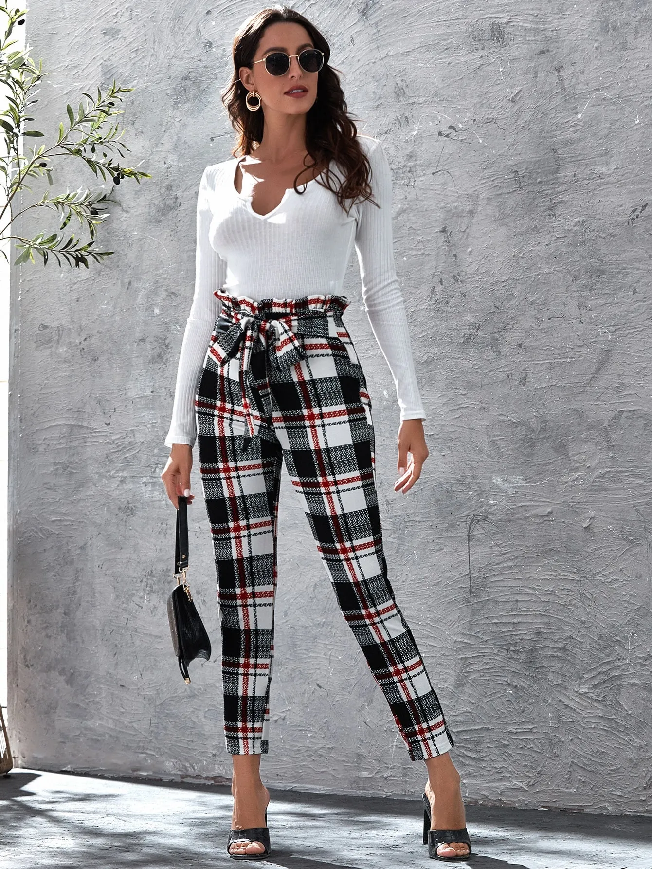 Elegant Plaid Paper Bag Waist High Waist Cropped Women Pants