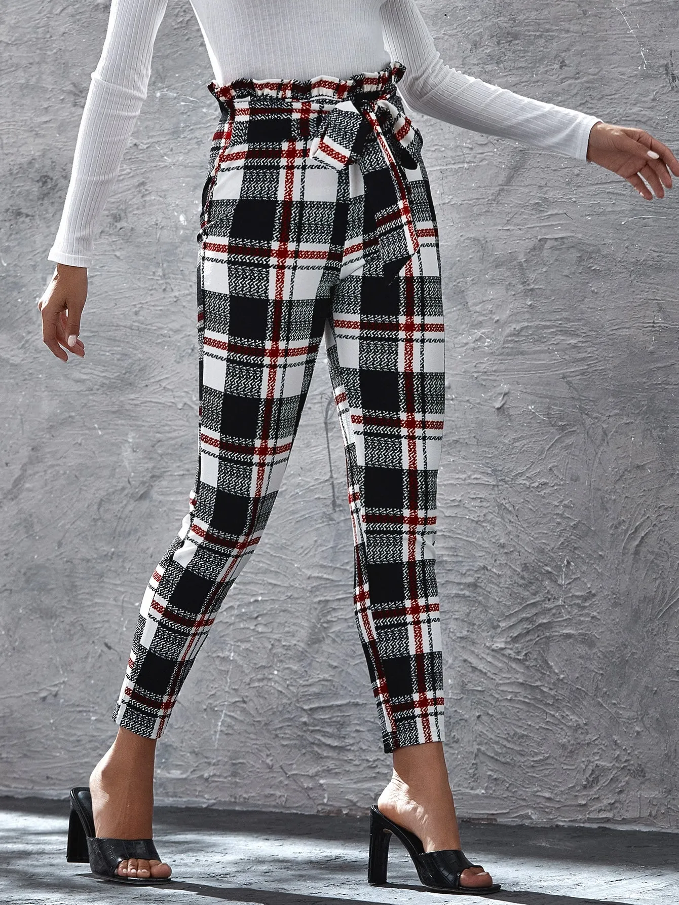 Elegant Plaid Paper Bag Waist High Waist Cropped Women Pants