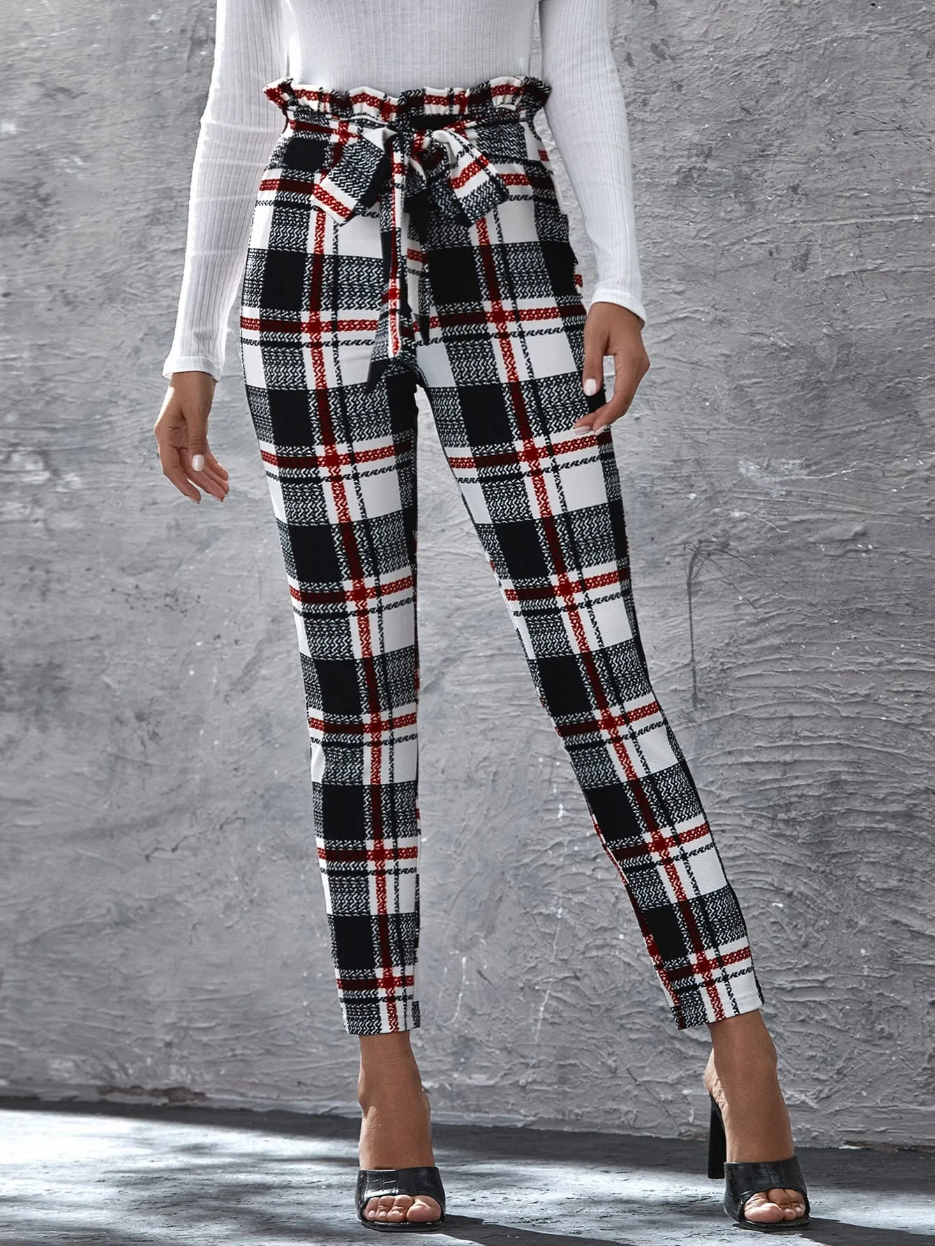 Elegant Plaid Paper Bag Waist High Waist Cropped Women Pants