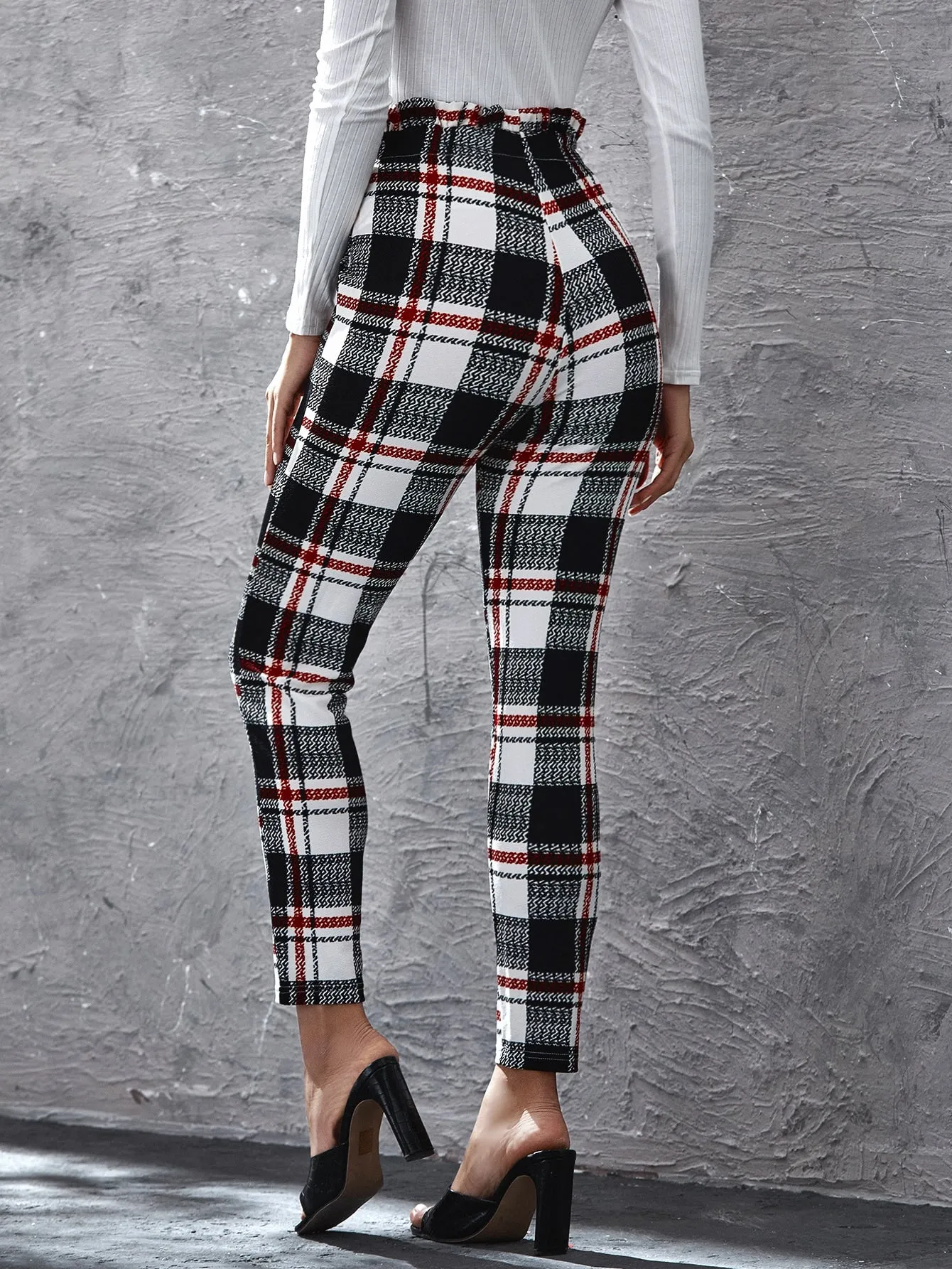 Elegant Plaid Paper Bag Waist High Waist Cropped Women Pants