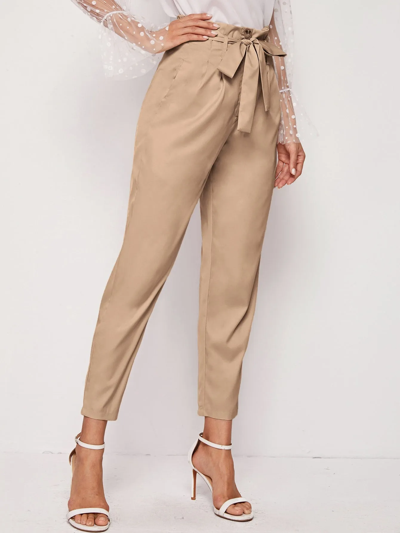 Elegant Plain Paper Bag Waist High Waist Long Women Pants