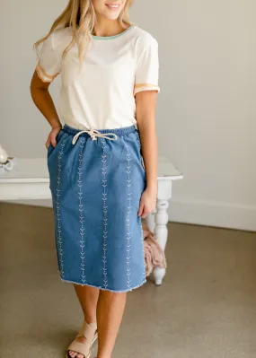 Embroidered Stretch Denim Midi Skirt