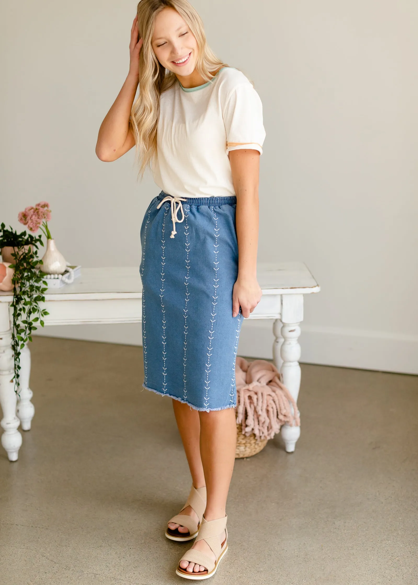 Embroidered Stretch Denim Midi Skirt