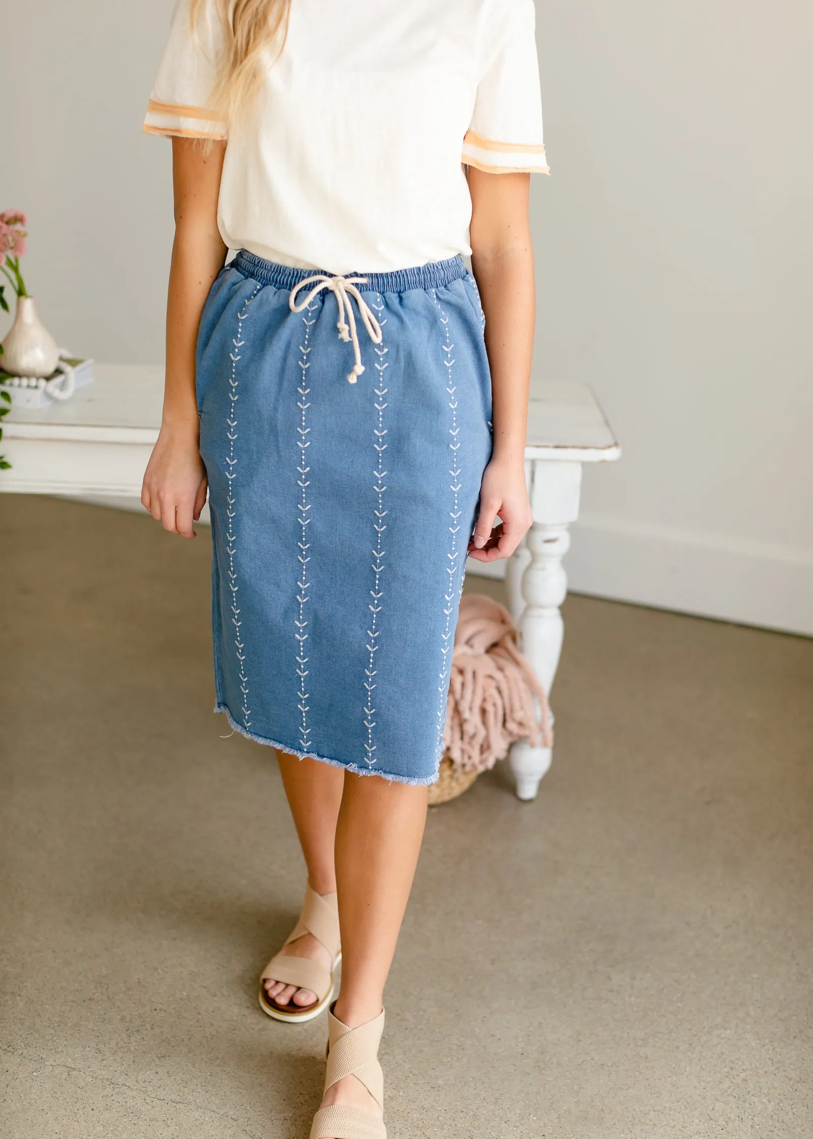 Embroidered Stretch Denim Midi Skirt