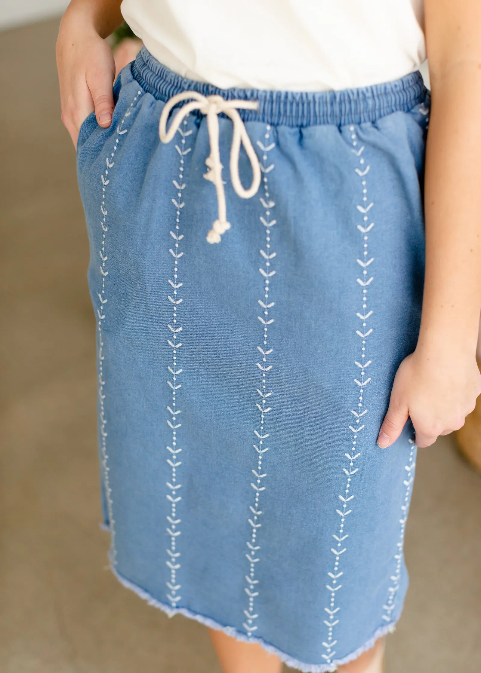 Embroidered Stretch Denim Midi Skirt