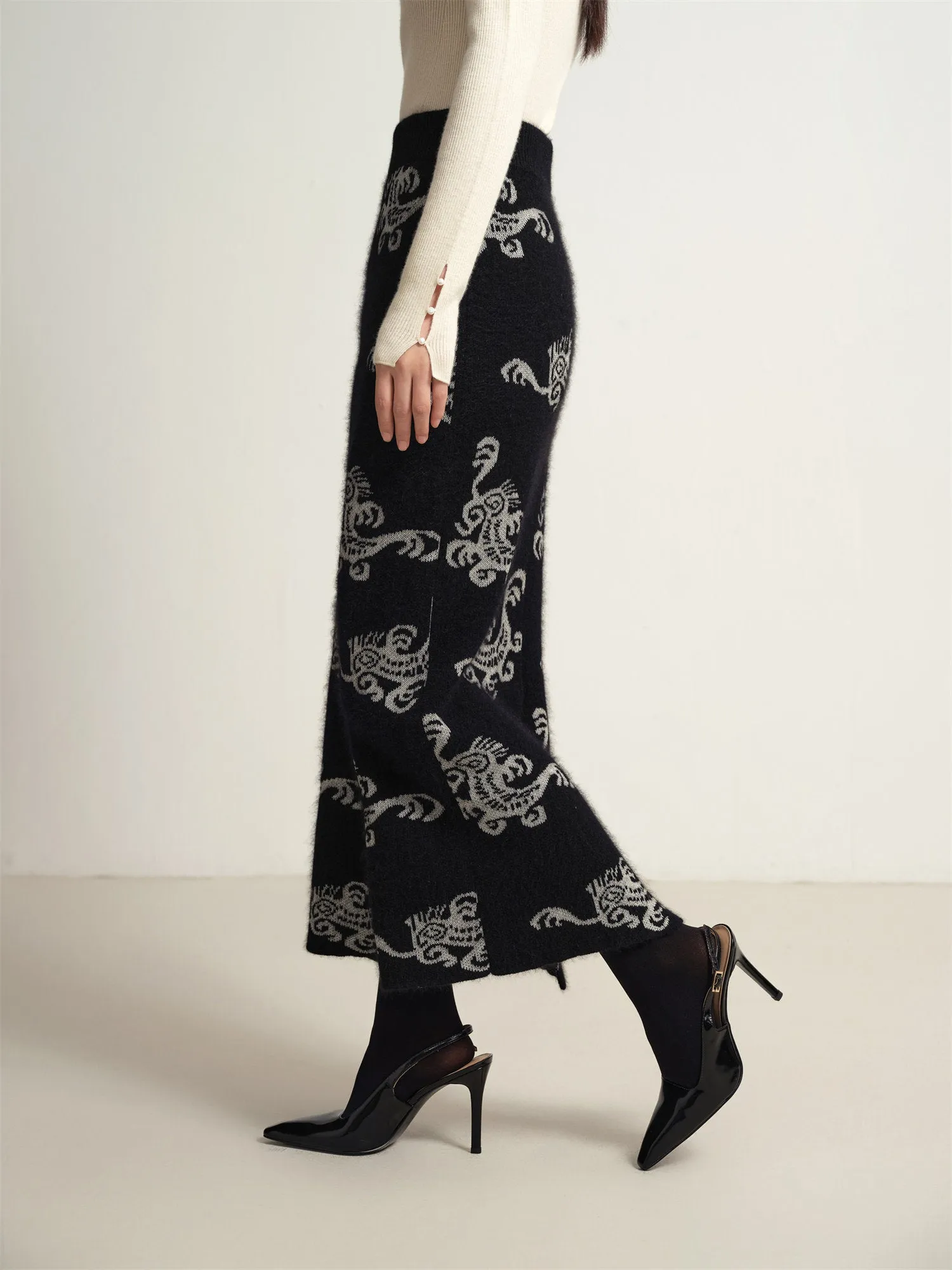 EP YAYING Jacquard Knitted Midi Skirt
