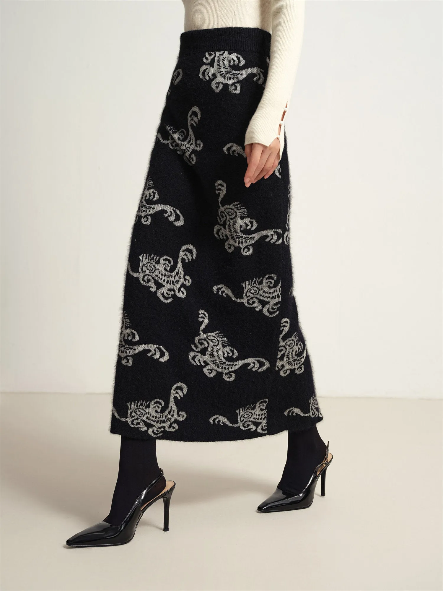 EP YAYING Jacquard Knitted Midi Skirt