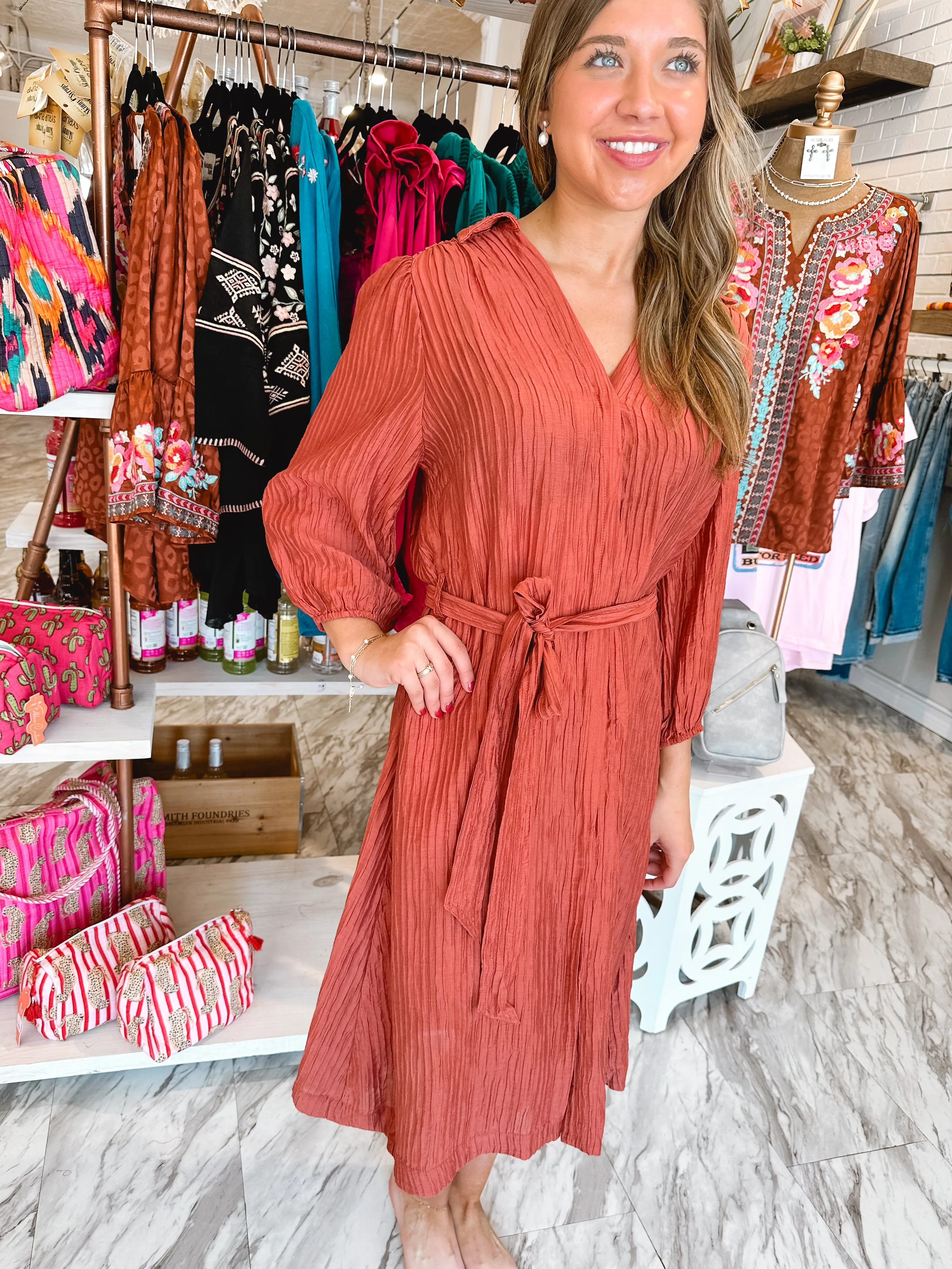 Fall Dreams Rust Pleated Midi Dress