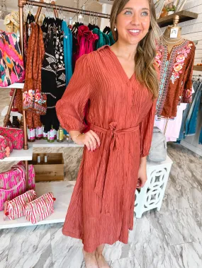 Fall Dreams Rust Pleated Midi Dress