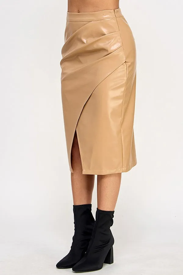 Faux Leather Front Wrap Midi Skirt