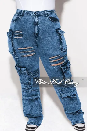 Final Sale Plus Size Cargo Distressed Pants in Blue Wash Denim