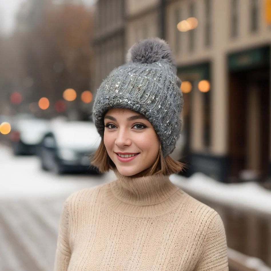 Flecked PomPom Hat - Grey/Silver