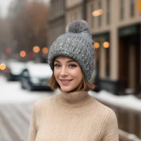 Flecked PomPom Hat - Grey/Silver