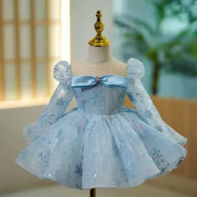 Flower Girl Dress Toddler Summer Long Sleeve Sequin Snowflake Fluffy Birthday Party Dress