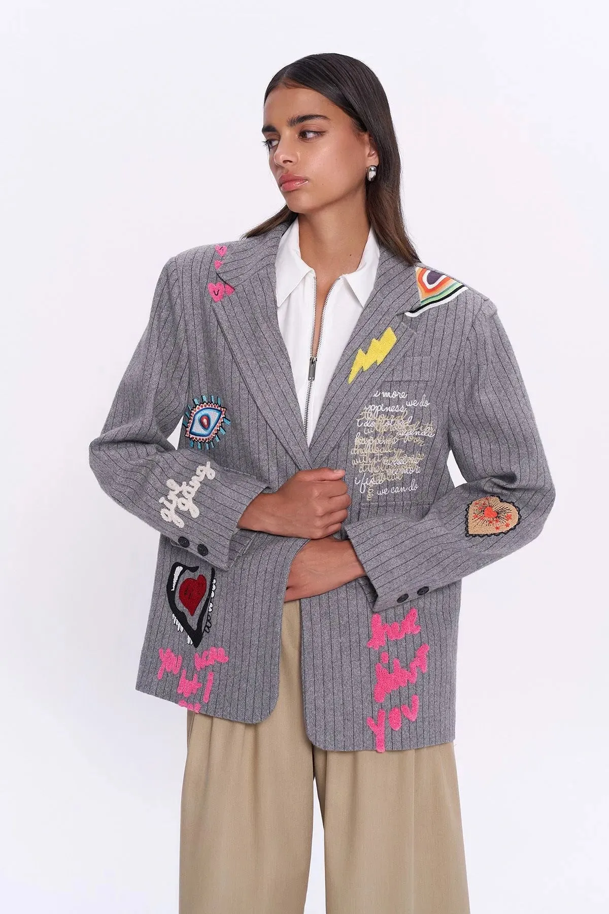 Gray Embroidery Sticker Blazer Jacket