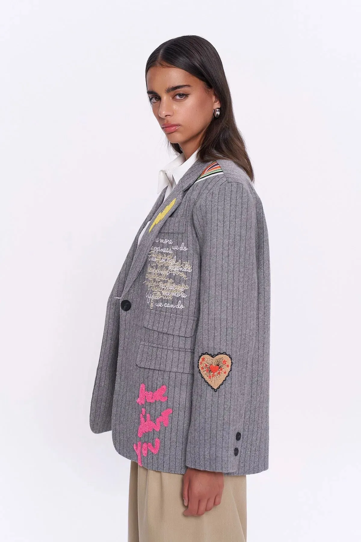 Gray Embroidery Sticker Blazer Jacket