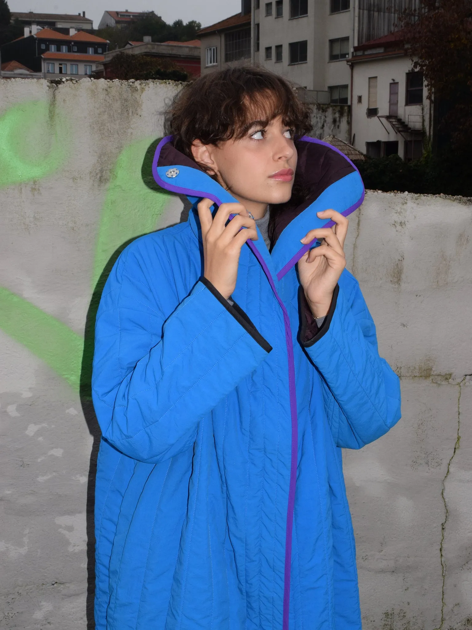 Greta coat, Cyan & Aubergine