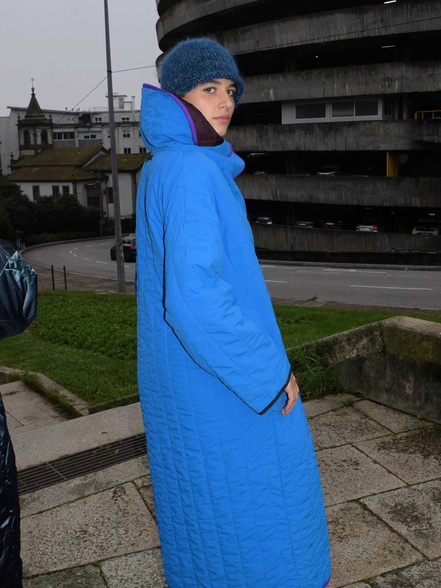 Greta coat, Cyan & Aubergine
