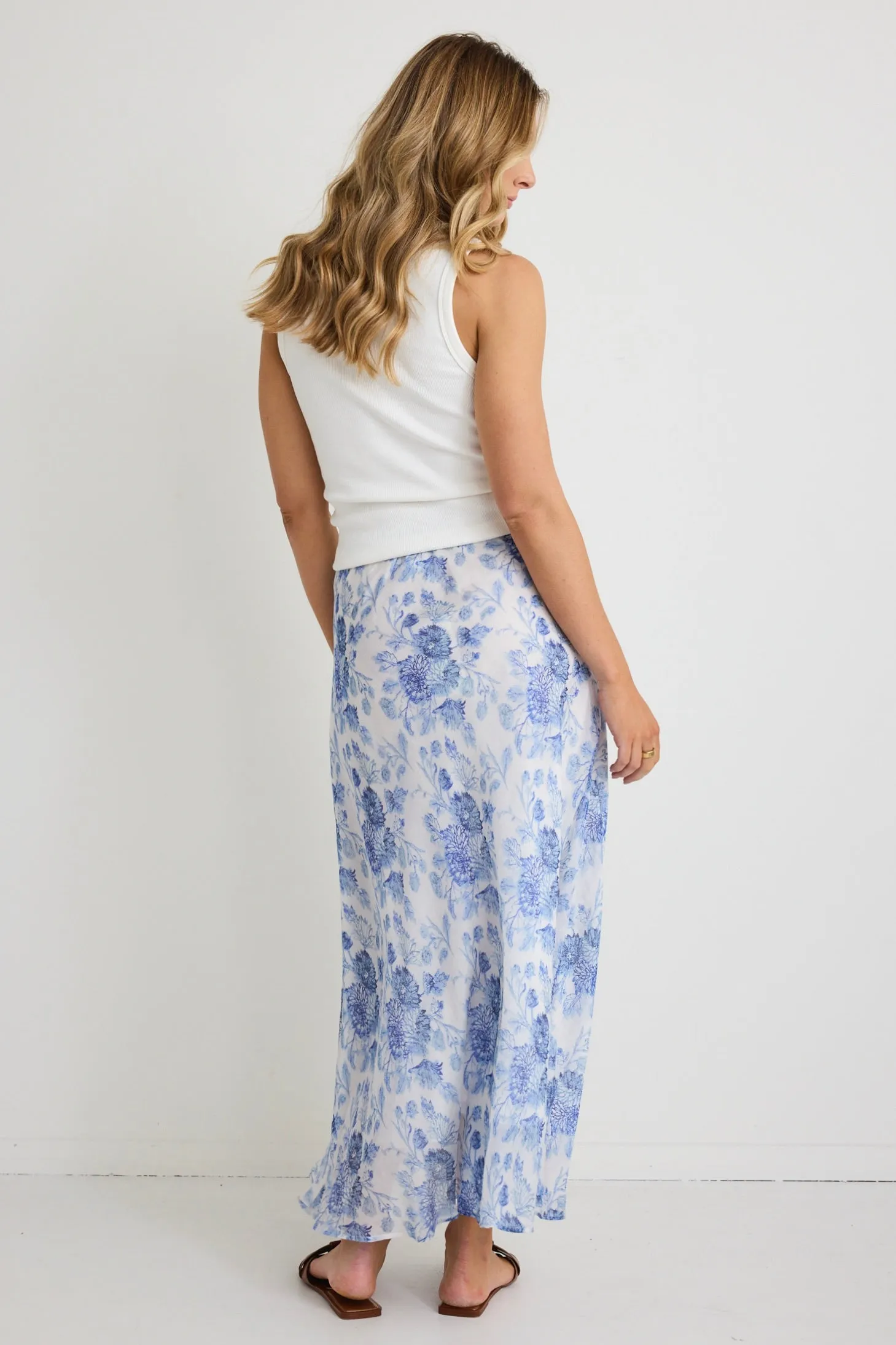 Haven Blue Floral Bias Cut Floaty Maxi Skirt